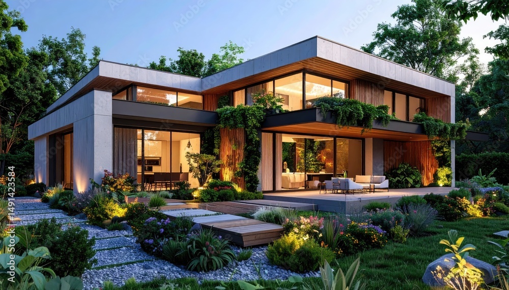 Fototapeta premium Modern Dream Home Contemporary Design Lush Garden at Dusk.