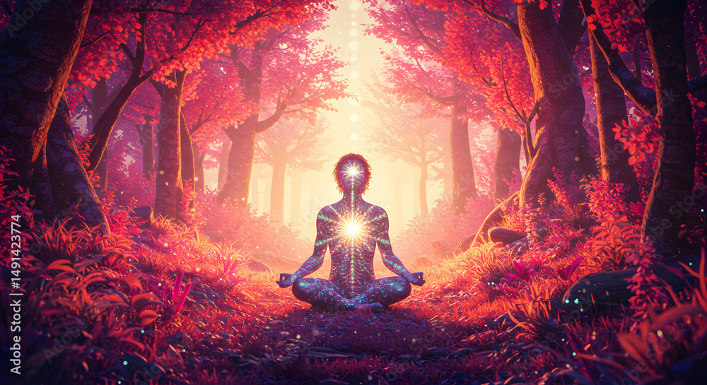 Fototapeta premium Inner Light: Meditative Figure in Enchanting Forest