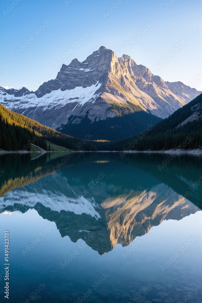Obraz premium A view of a mountain that is reflected in the water.