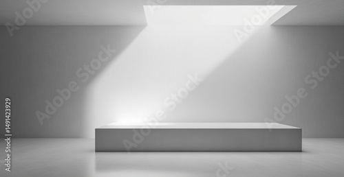 Wallpaper Mural Minimalist empty white room with a rectangular platform and a skylight casting natural light beams creating soft shadows Torontodigital.ca