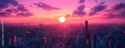 City sunset aerial view, pink sky