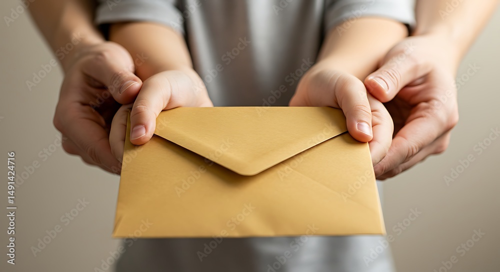 An adult gently guides a child's hands to hold a golden envelope, symbolizing the passing of traditions and sharing blessings during Eid al-Fitr or Eid al-Adha 2025. An adult gently guides a child's hands to hold a golden envelope, symbolizing the passing of traditions and sharing blessings during Eid al-Fitr or Eid al-Adha 2025.