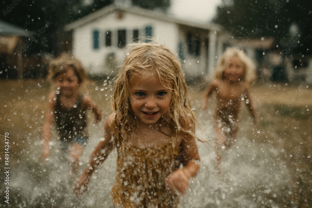 Obraz premium Children enjoying a playful moment in a backyard, running and laughing around water sprinklers on a sunny day.