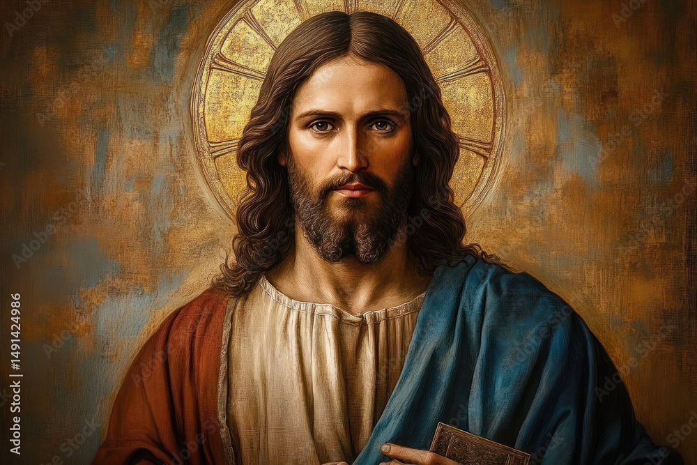 Naklejka premium Portrait of a serene bearded man with long hair wearing a robe and cloak, with a golden halo behind his head symbolizing holiness and calmness