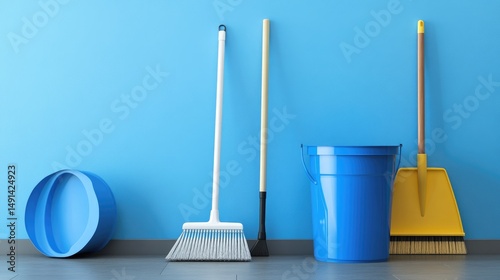 Blue mop bucket on gray tiles with broom, dustpan, and mop lined up nearby