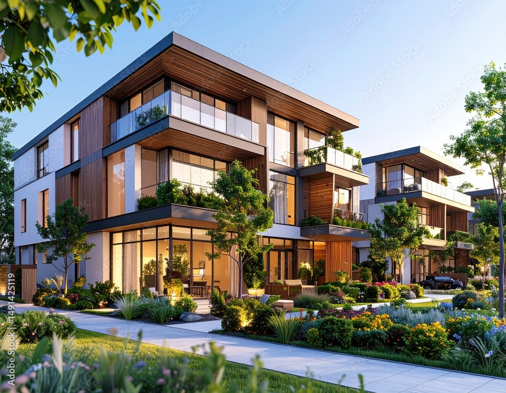 Obraz premium Modern Architectural Design Luxury Townhouses with Lush Landscaping