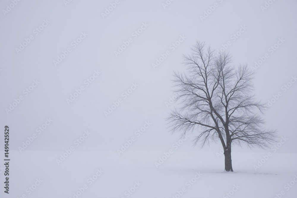 Fototapeta premium A lone tree stands in the middle of a snowy field.