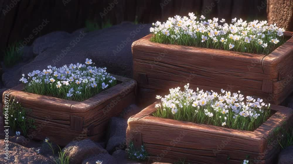Wooden planter boxes with white flowers