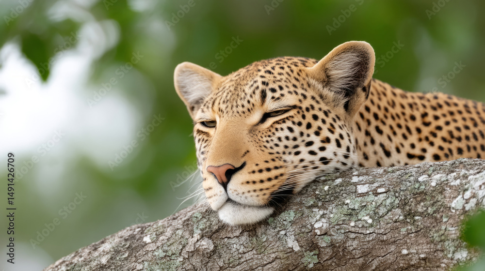 Fototapeta premium Leopard resting peacefully on tree branch in natural habitat