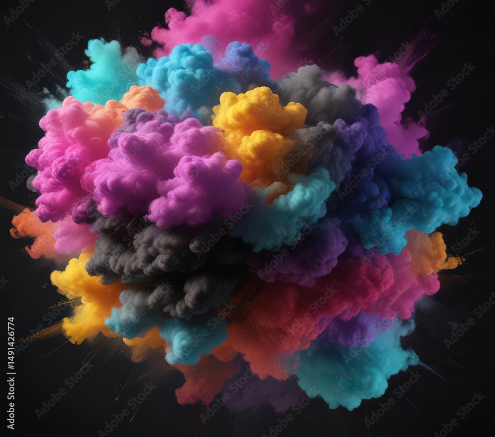 Obraz premium Black background, multicolored powder cloud, dynamic energy , explosion, graphic
