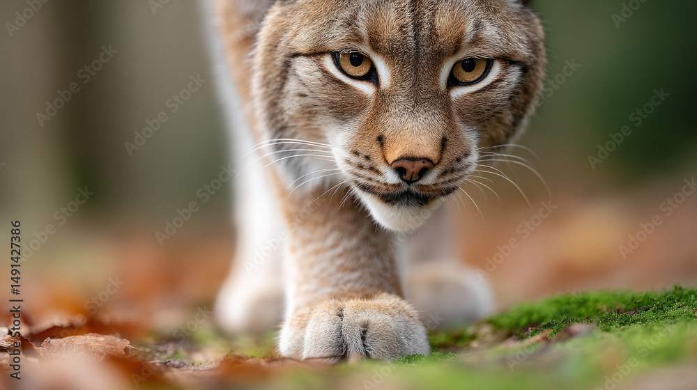 Fototapeta premium Rare lynx silently walking across autumn forest floor in close-up macro view