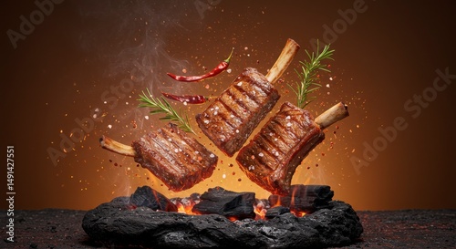Exquisite grilled ribeye steaks levitating over glowing charcoal with smoky essence