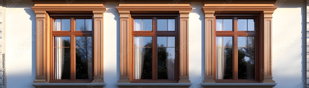 Fototapeta premium Three elegant wooden windows with architectural details.