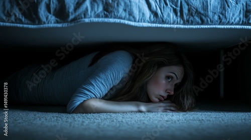 Fearful Hiding: A young woman cowers in the shadows, her face etched with fear and anxiety as she hides under a bed, symbolizing fear, vulnerability, and the need for protection.