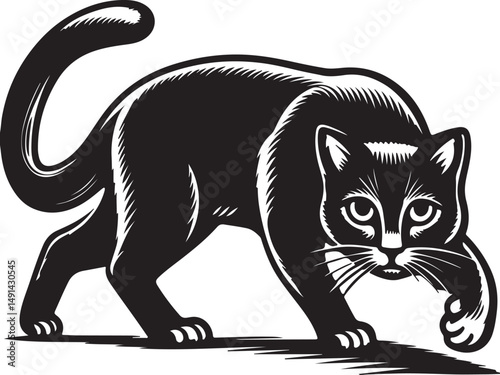 A black feline vector illustration depicts a domestic cat silhouette