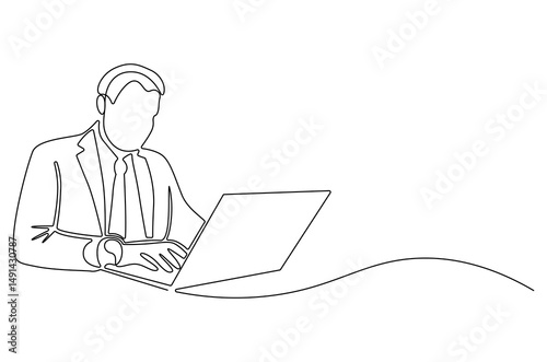 Continuous one line drawing of Business man working on laptop. Single line drawing illustration of Businessman typing on laptop. Remote virtual meeting concept vector art. Doodle line illustration.
