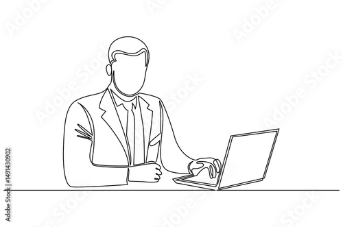 Continuous one line drawing of Business man working on laptop. Single line drawing illustration of Businessman typing on laptop. Remote virtual meeting concept vector art. Doodle line illustration.