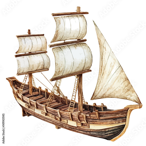 Greek Trireme Miniature Model, watercolor clipart vector, high quality, isolated on a white background.