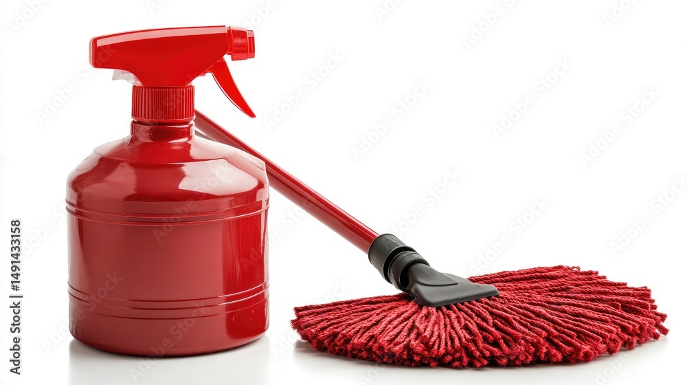 Fototapeta premium Household sanitation set featuring mop cleaner and surface spray, isolated on white