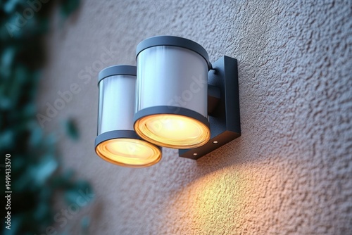 modern outdoor double wall light fixture emitting warm light on textured exterior wall with blurred foliage in background