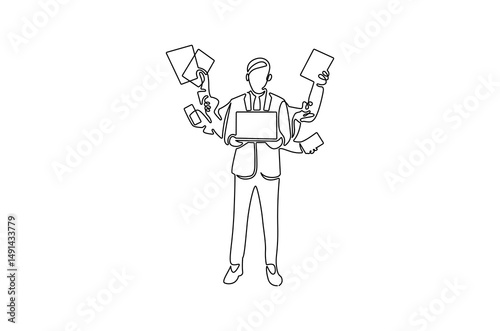 Continuous one line drawing of Businessman with multitasking. Single line drawing illustration of Businessman work with many hands. Management skill concept vector art. Doodle line illustration.