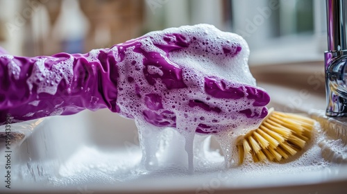 Wallpaper Mural Purple gloves beside sink drainboard with soap suds and scrub brush Torontodigital.ca