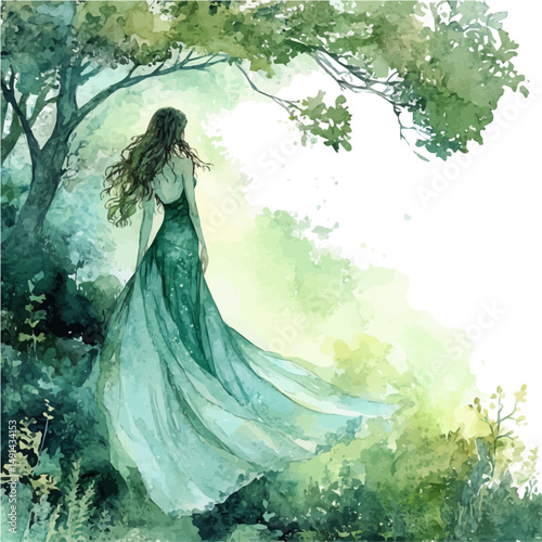 Greek Nymph Echo Fading Away Into The Forest, watercolor painting vector, high quality, isolated on a white background.