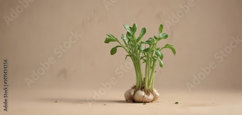 Tiny garlic sprout pushing through papery skin, vibrant green shoot ,  detail,  stem,  sprouting