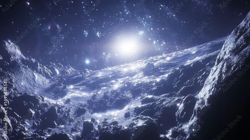 Fototapeta premium Icy Alien Planet Surface with Bright Star and Cosmic Sky