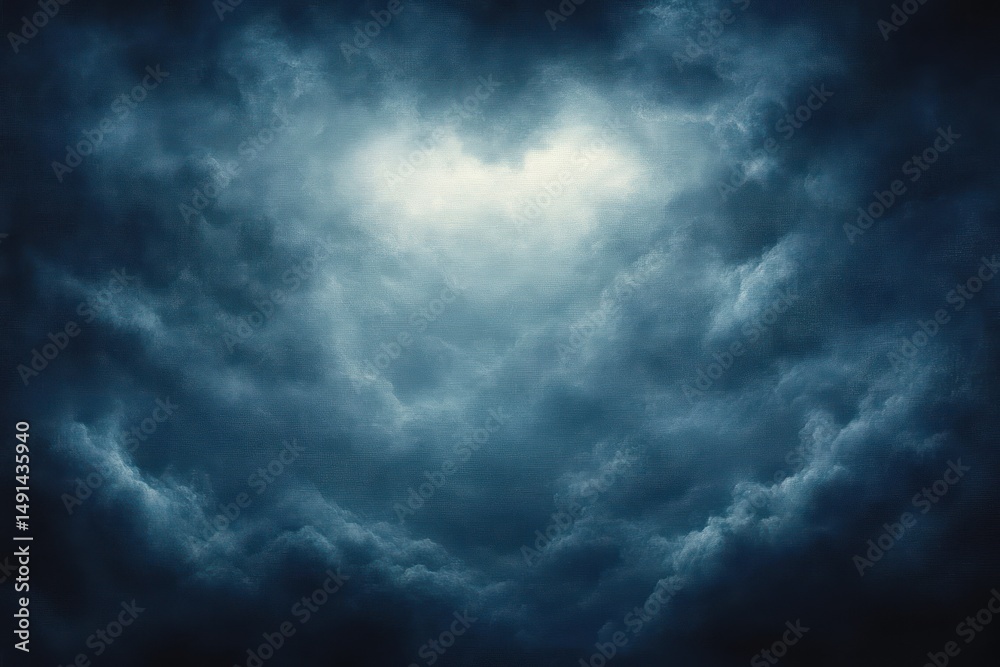 Obraz premium Dark stormy cloudy sky with a bright light opening in the center, creating a dramatic and mysterious atmosphere