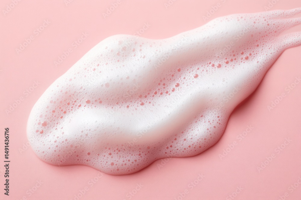 Fototapeta premium Close-up of white foam or bubbles spread irregularly on smooth pink surface creating soft texture and light reflection