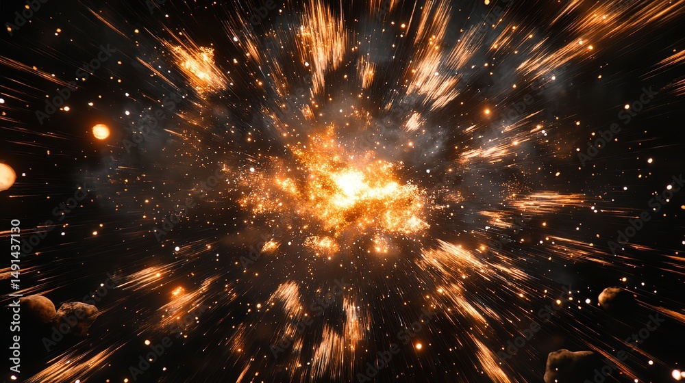 Fototapeta premium Meteor Shower with Glowing Asteroids in Outer Space