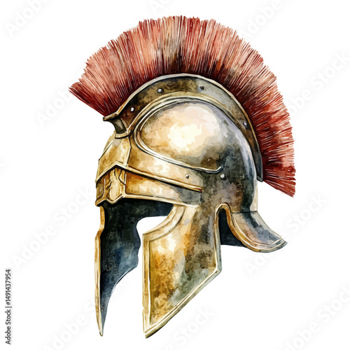 Greek Hoplite Helmet, watercolor illustration vector, high quality, isolated on a white background.