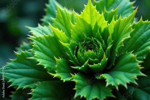 Close-up of a vibrant, monstrously large green plant with sharp leaves and thorny vines , poisonous, fantasy