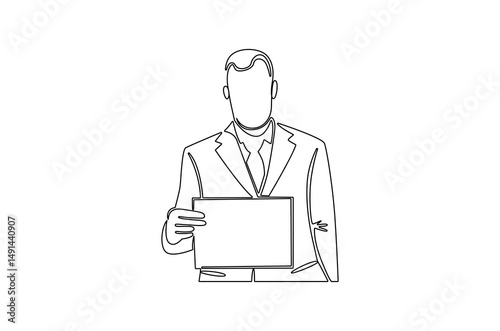 Continuous one line drawing of Young man holding paper poster. Single line drawing illustration of Businessman showing copy space. Blank space concept vector art. Doodle line illustration.