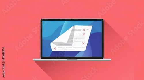 Laptop display showing a document with corrections marks on coral background