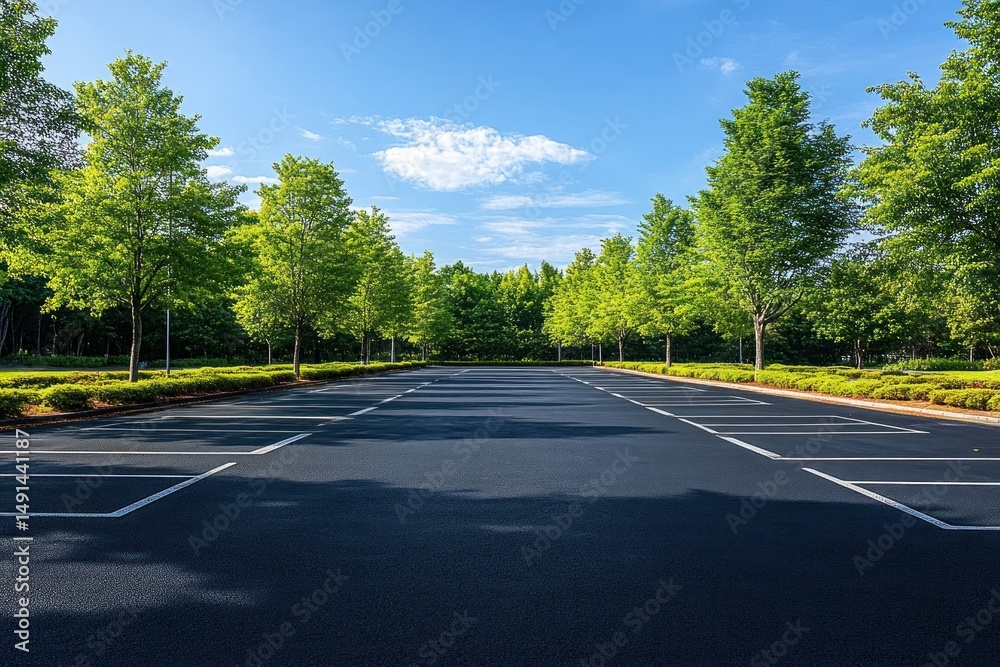 Naklejka premium Empty parking lot lined with bright green trees under a clear blue sky with scattered clouds on a sunny day