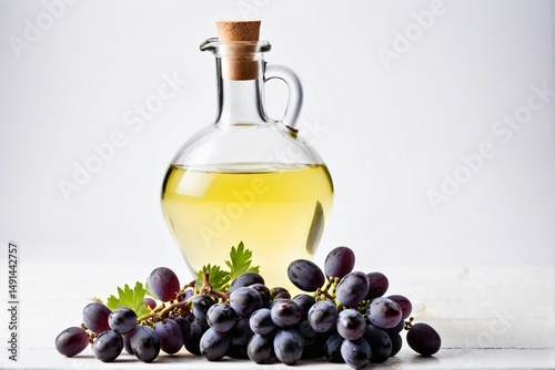 Pure Grape Seed Oil in Glass Bottle with Fresh Grapes and Green Leaves on white Table