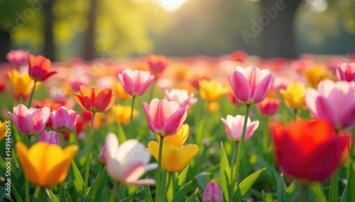 Vibrant spring blossoms in a field of colorful flowers , garden, purple
