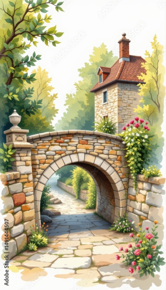 Fototapeta premium Charming Stone Bridge Leading to Quaint House Surrounded by Lush Greenery and Vibrant Flowers in a Serene Setting