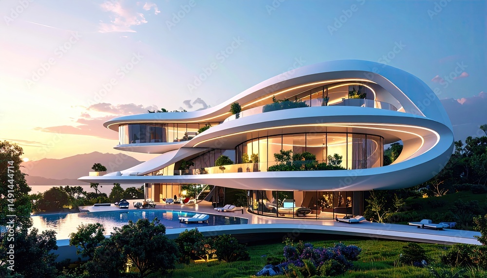 Fototapeta premium Futuristic Luxury Modern Villa with Poolside Sunset Paradise.