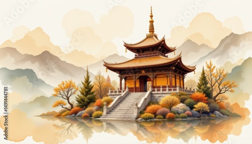 Serene Asian Pavilion Surrounded by Autumnal Trees and Tranquil Water in Mountain Landscape