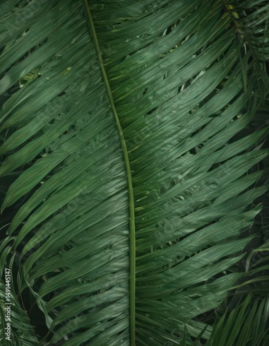 Deep green palm leaf surface, intricate vein pattern  ,  detail,  photography,  summer
