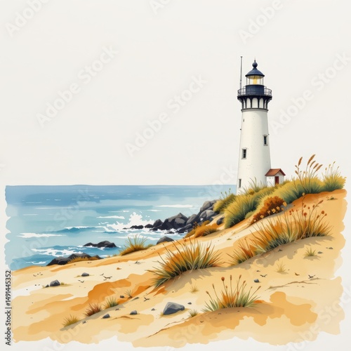 Scenic lighthouse on sandy beach with ocean waves and coastal vegetation in a serene and tranquil environment