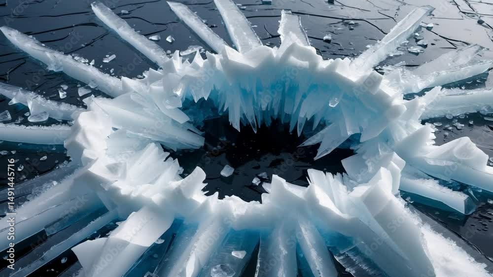 Ice with cracks and a hole on a black background, shards of crushed ice ...