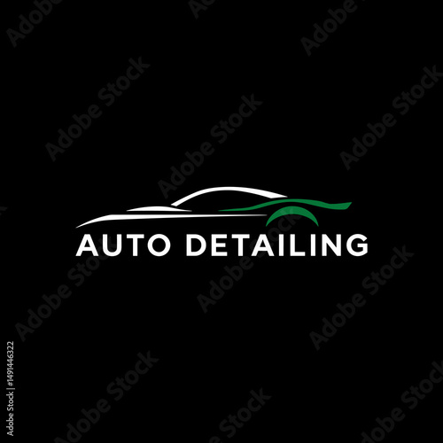 Auto Detailing Car Logo Design featuring a sleek white and green vehicle silhouette, perfect for professional car wash and automotive care service branding on a black background.