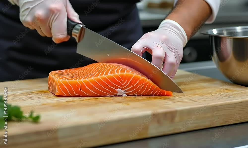 Chef cutting salmon fillet on wooden cutting board