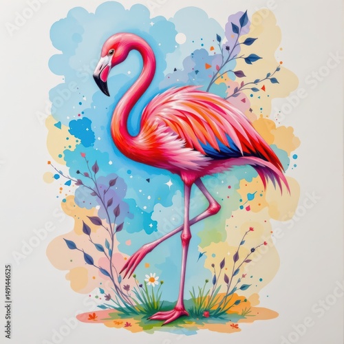 Vibrant Pink Flamingo on Colorful Splash Background Surrounded by Delicate Leaves and Flowers