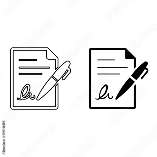 Vector icon showing a signed contract with a pen in both solid and outline styles. Ideal for legal, business, and agreement-related designs
