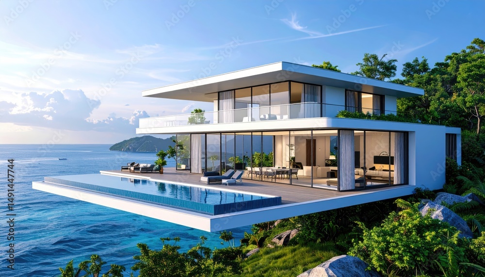 Fototapeta premium Luxury villa overlooking the ocean with infinity pool and deck.